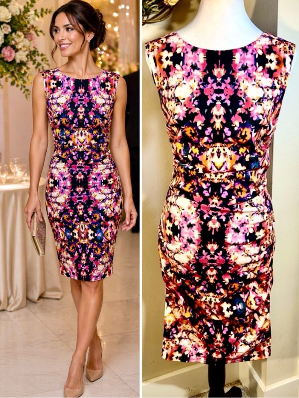 Nicole Miller Artelier Water Lily Ruched Linen Blend Sheath Dress Floral~10💛